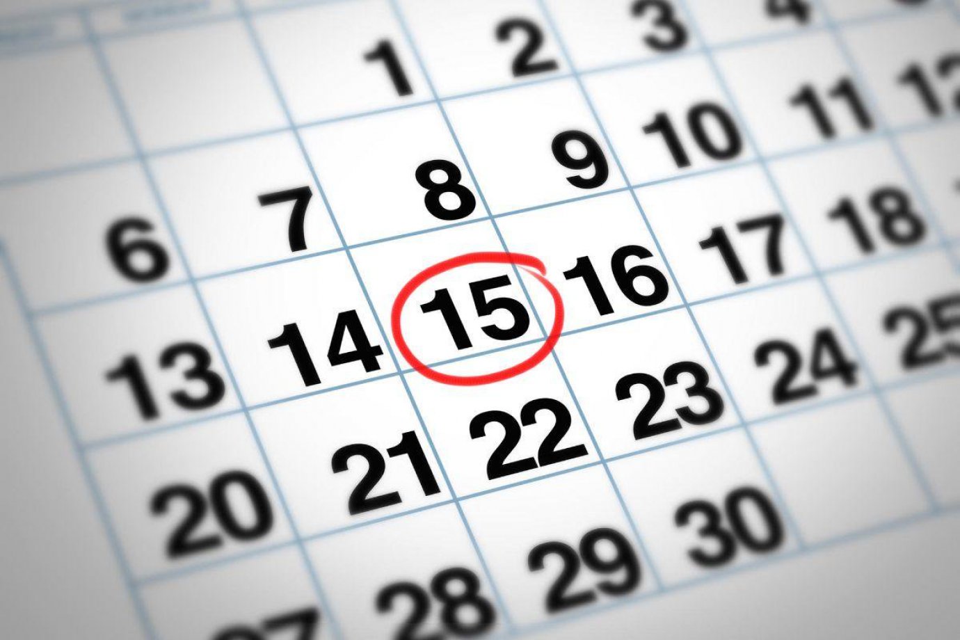 Calendar A close up of the calendar dates in table form. The 15th is circled in red.
